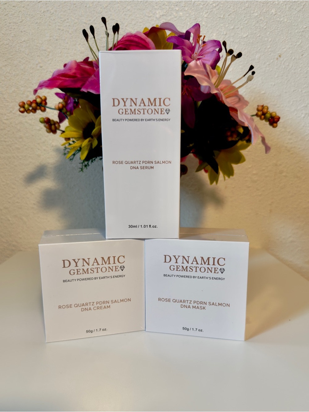 Dynamic Gemstone Rose Quartz PDRN Salmon DNA Skincare Set, Cream, Serum & Mask